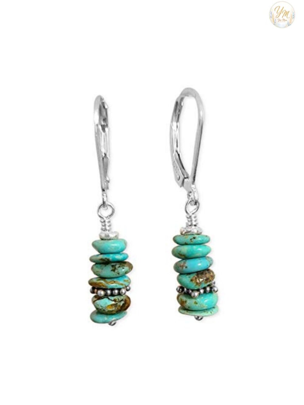 Natural Turquoise Bead Stack Sterling Silver Leverback Earrings